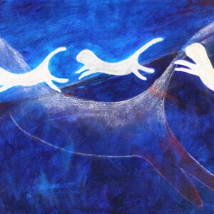 Une toile tout en bleu avec le tracé d'une grosse panthère et de trois petites panthères blanches qui gambade au dessus d'elle